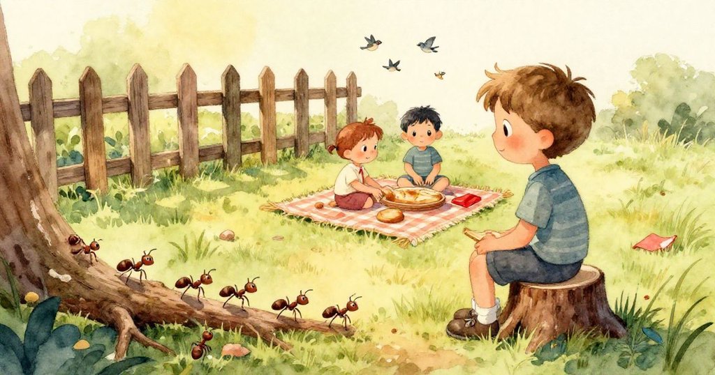 兩個孩子在木柵欄旁鋪著野餐布，仔細放麵包，陽光透過樹影，小腳和小手充滿活力。