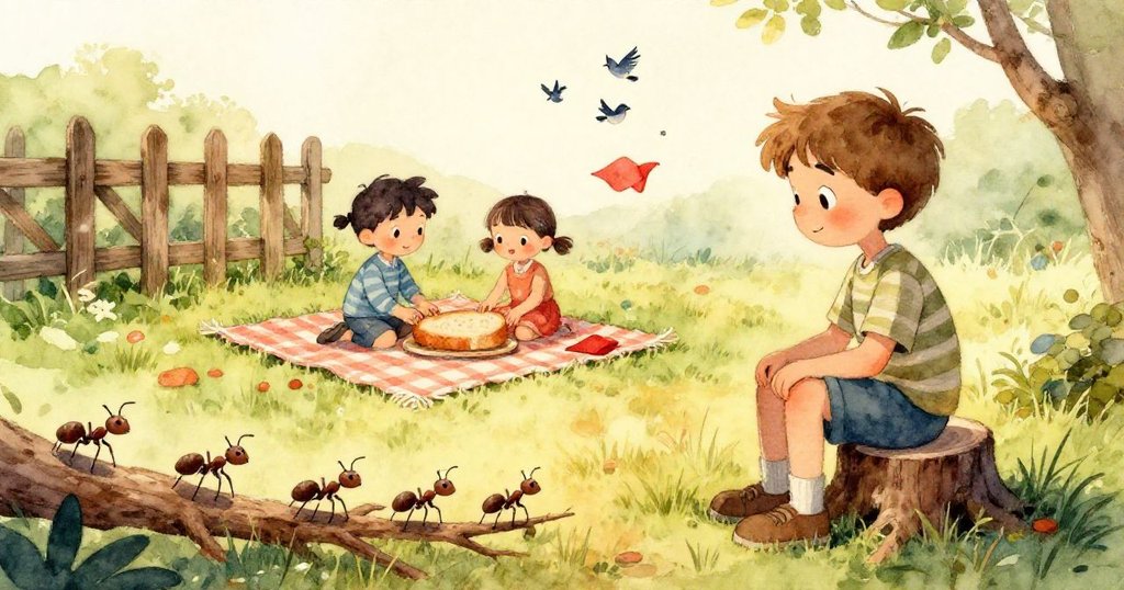 一邊鮮紅餐巾隨風飄揚，一邊小樂隊邊走邊演奏，戶外路徑和野餐區同時呈現，充滿歡樂氣氛。