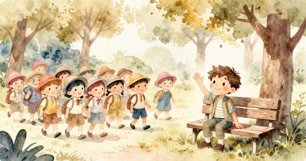 校外教學的孩子們在高樹間穿梭，鮮亮帽子飛舞，利奧站在木椅旁歡快揮手，陽光透過雲彩灑下溫暖光線。