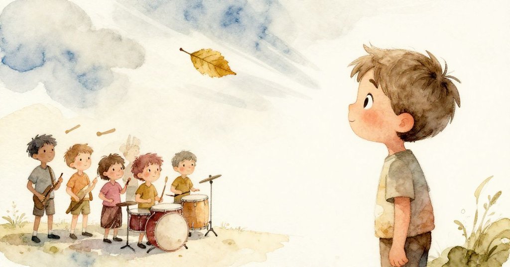 班專注凝望遠方轉彎的小樂隊，隨著雲影變換落葉飄向他，神情中帶著柔和懸念與好奇感。