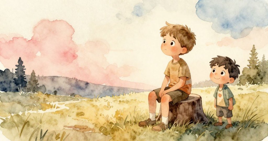 班靜坐於樹樁上沉思，隨夕陽漸暗，利奧遠處溫柔注視，場景充滿寧靜與柔和光影。