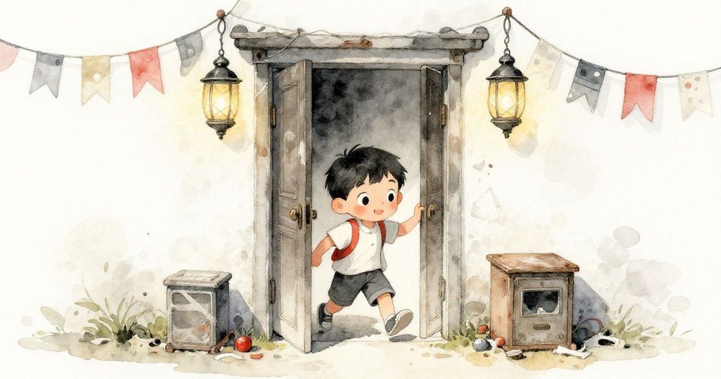 黎安正從入口跨入舞台區，破舊燈籠與褪色彩帶在溫暖陽光下透露過往派對故事，他帶著好奇與期待走進場景。