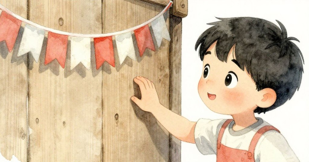 黎安專注地觸摸著古老木板與飄落彩帶，感受歲月痕跡與派對記憶，眼神充滿溫柔與好奇。