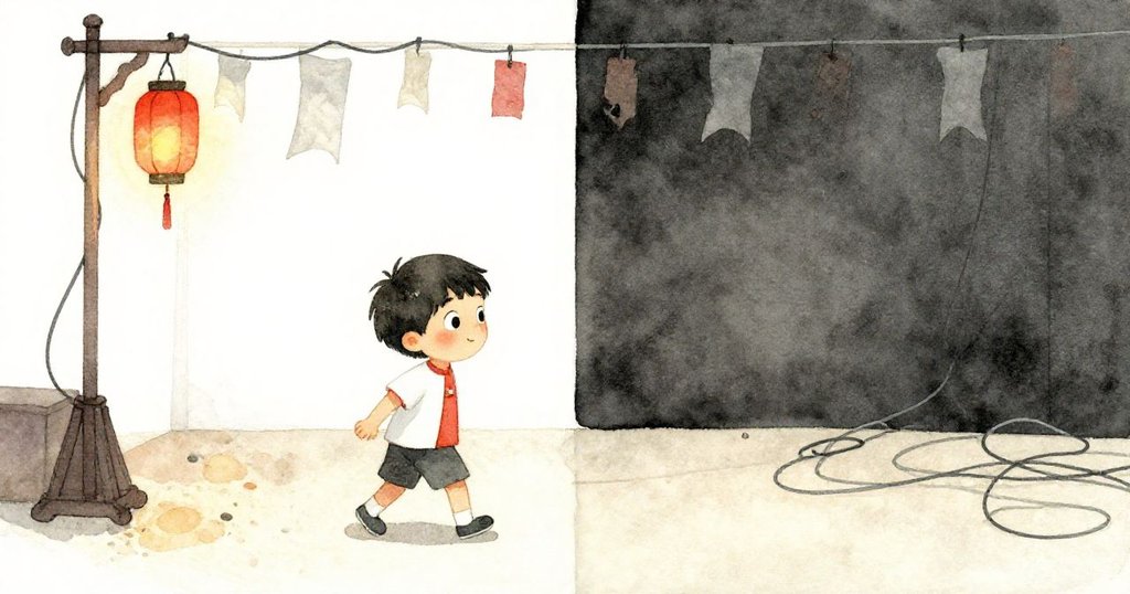 黎安一邊避開大喇叭，一邊觀察交錯的現代電纜與舊日派對遺跡，畫面分割呈現過去和現代的交融瞬間。