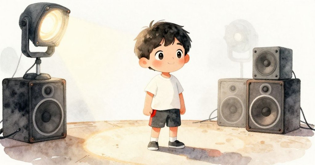 暖陽下，黎安注視著音箱上旋轉的燈光，感受著懷舊與現代共鳴的熱情夏日場景，臉上滿是驚奇與喜悅。