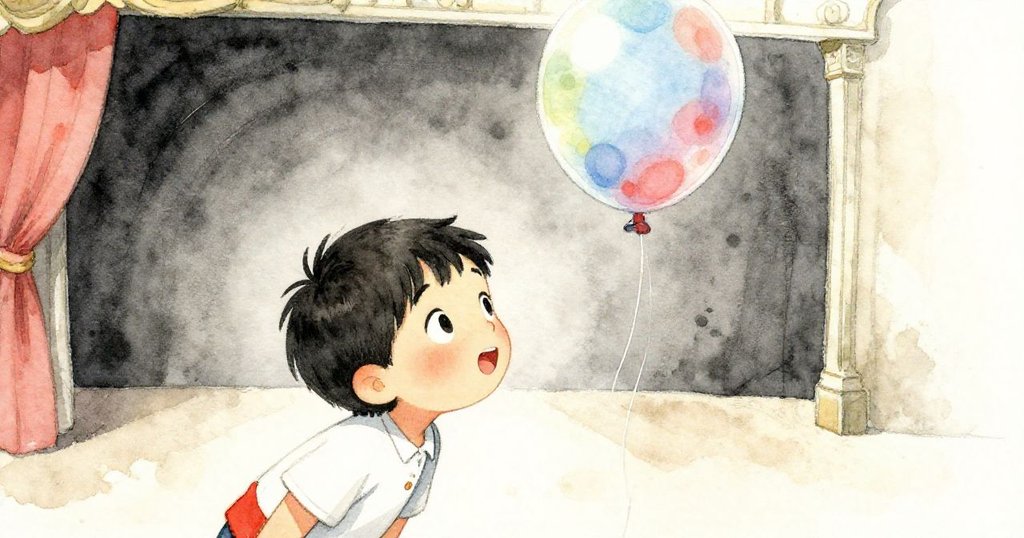 黎安近距離凝視著一顆顫抖氣球，氣球線似乎快散開，他眼中流露出驚奇與好奇，捕捉那稍縱即逝的一瞬。