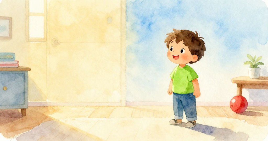 米洛在明亮房間中站立，窗外陽光灑入，身影清晰，內心滿懷期待，開始一段溫馨的小冒險。