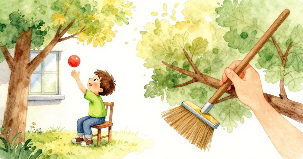 米洛急忙爬上小凳伸手向窗外樹枝上懸掛的紅球，巧妙運用掃帚輕觸樹枝，動作充滿活力與期待。