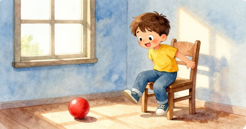 米洛從椅子上小心下來，注視著從窗外掉落並緩慢滾動的紅球，房間充滿明亮溫馨的光影。