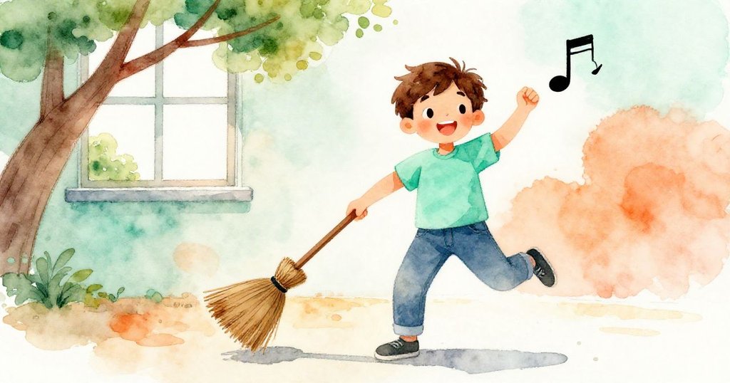 米洛隨著爵士樂節奏快步起舞，手中掃帚隨動搖擺，窗外樹枝輕搖，整個畫面洋溢歡愉與活力。