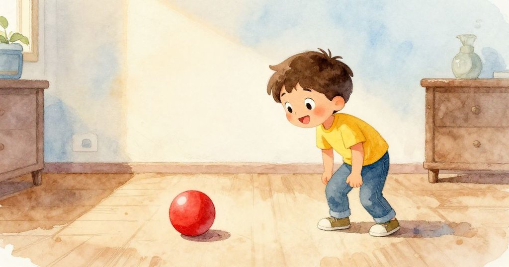 米洛靜觀著室內平和滾動的紅球，房間彌漫溫暖光影，呈現出動作過後的寧靜與滿足感。