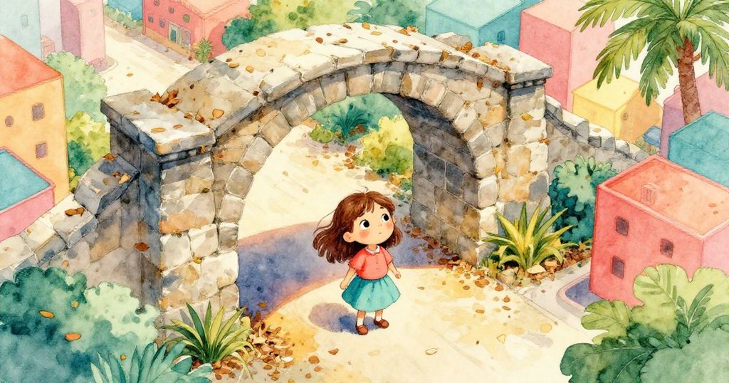 莉娜站在古老石拱門旁,鳥瞰視角展現乾枯落葉與溫暖陽光,故事開端充滿好奇與期待。