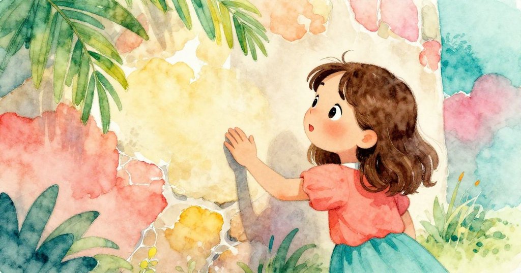 莉娜仔細觀察拱門旁的舊海報,觸摸斑駁裂痕,眼中充滿驚奇,故事逐步深入。