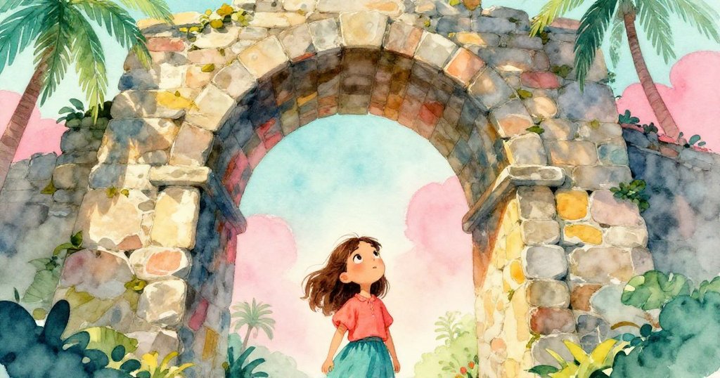 莉娜仰望高大石拱門,眼中流露驚嘆,背景呈現斑駁裂紋與光影交錯,情節邁向高潮。