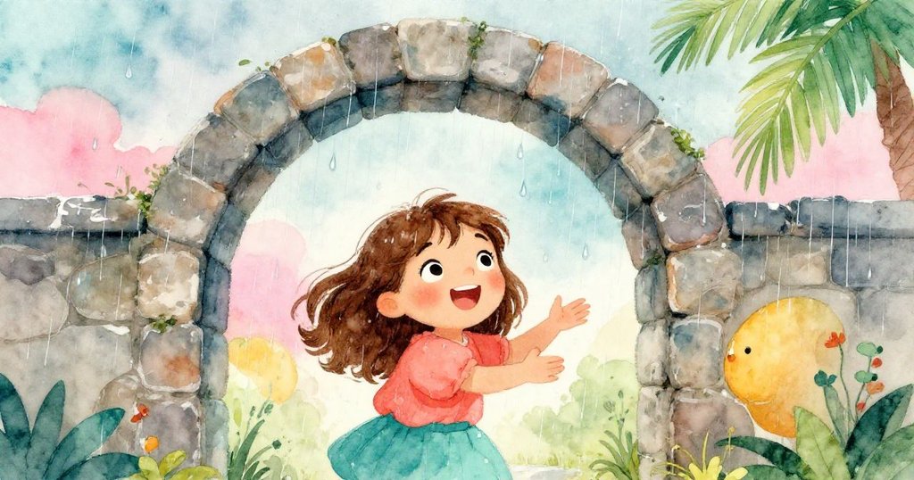 莉娜在拱門下迎接初雨,細雨與聚雲交織魔幻光影,情緒從驚奇轉為歡欣,故事進入發展階段。