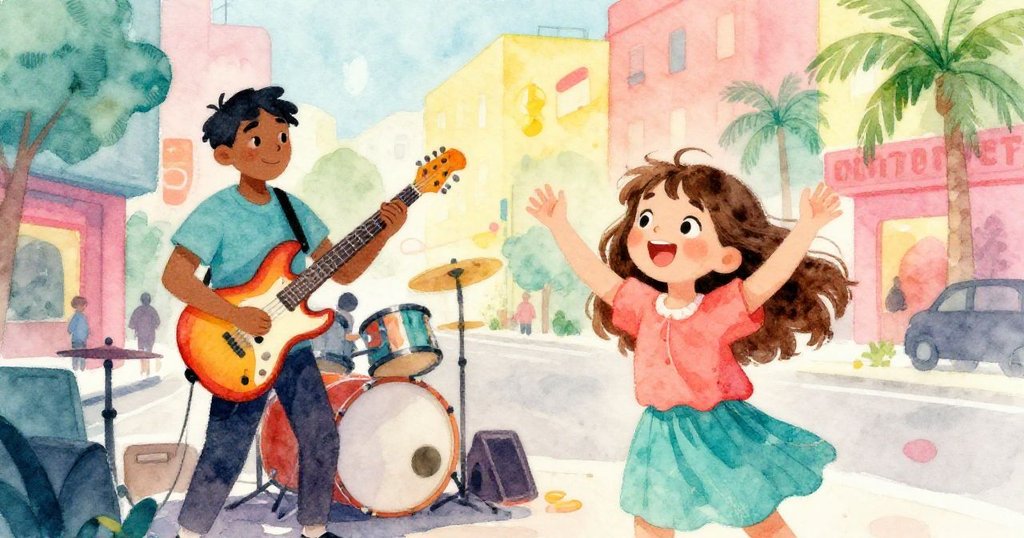 莉娜發現街頭樂隊熱情演奏,低音吉他手以彩色吉他演奏,音律激起她的興奮,情節達到轉折。