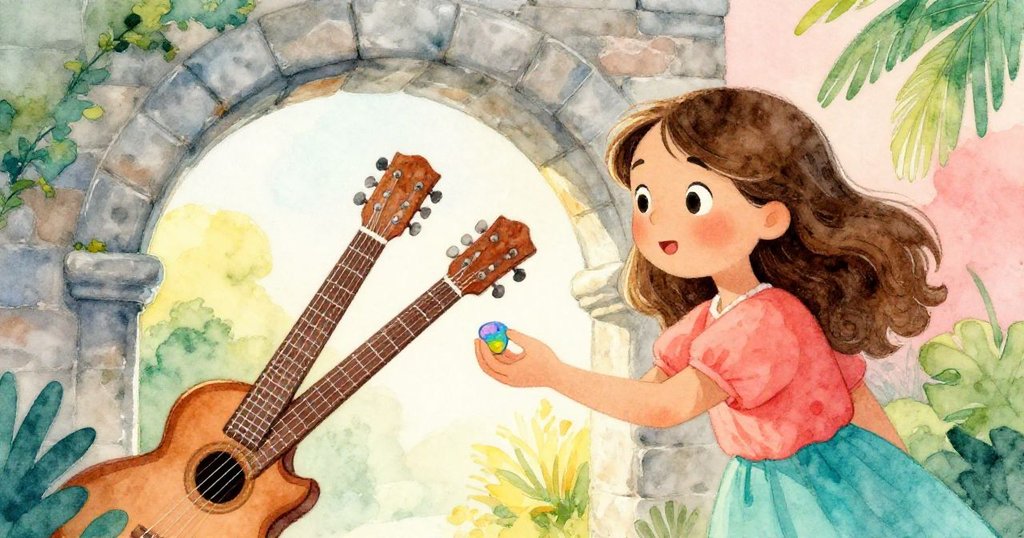 莉娜與低音吉他手互遞吉他撥片,手心相觸微笑溫暖,象徵情感交流與故事圓滿結局。