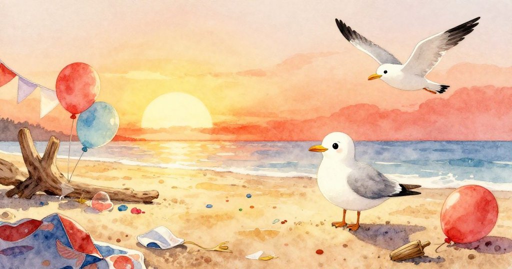 小海鷗在充滿派對遺物的海灘上穿梭，周圍有褪色旗幟和縮小氣球，夕陽溫暖灑落，展現開端活力與歡愉。