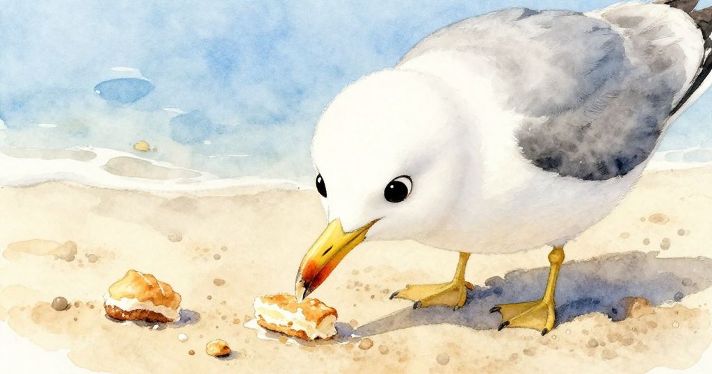 小海鷗近距離注視濕潤沙上散落的蛋糕碎屑，眼中透露出好奇與期待，展現發展中的細膩情感。