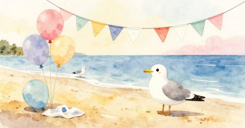 海灘上夕陽灑落，褪色旗幟與縮小氣球靜臥沙上，小海鷗悠步水邊，展現夏日餘暉與發展中的季節情懷。