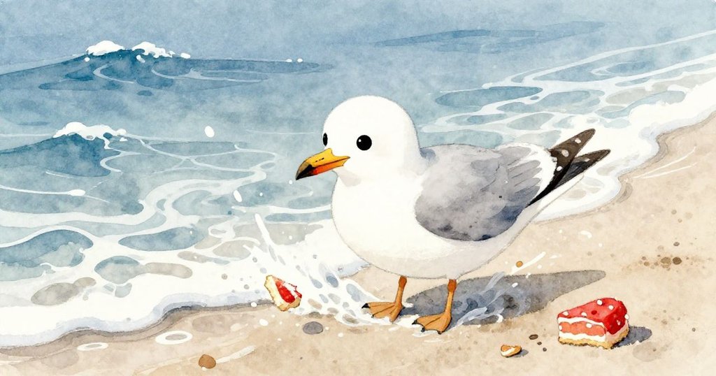 小海鷗努力捕捉隨波流動的蛋糕碎屑，波浪柔和拍打著沙灘，展現挑戰與轉折的高潮動作。