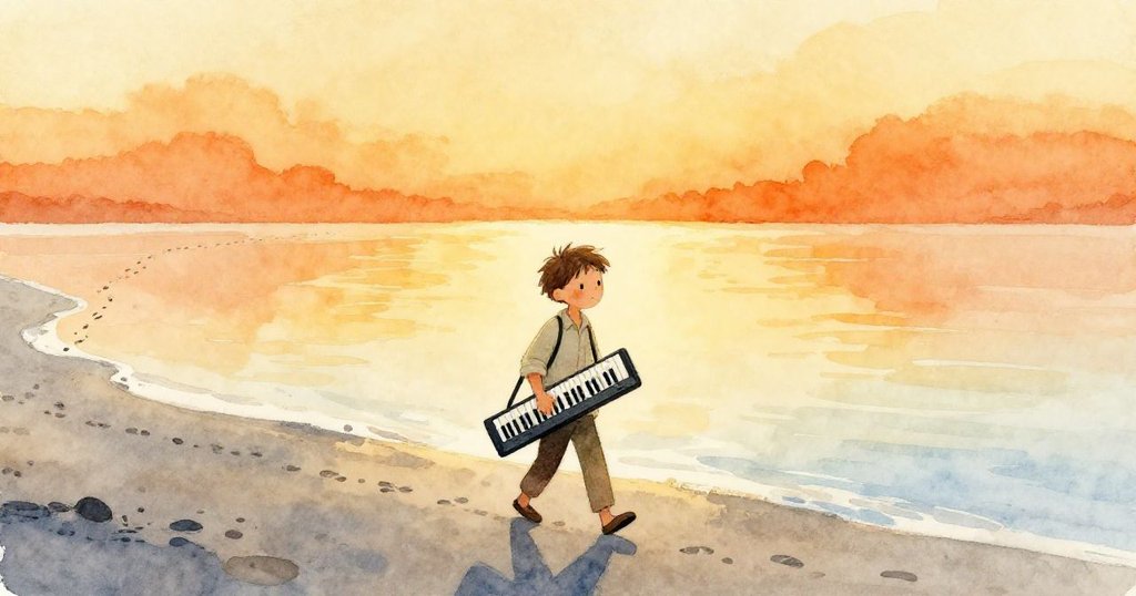 樂手背影沿濕潤沙灘向遠方前行，逐漸消逝腳印見證結局與新起點，充滿反思與希望情懷。