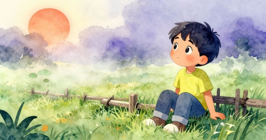 小提姆坐在矮籬旁，欣賞晨光與霧氣瀰漫的草地，背景隱約傳來樂隊演奏聲，情緒溫暖開始。