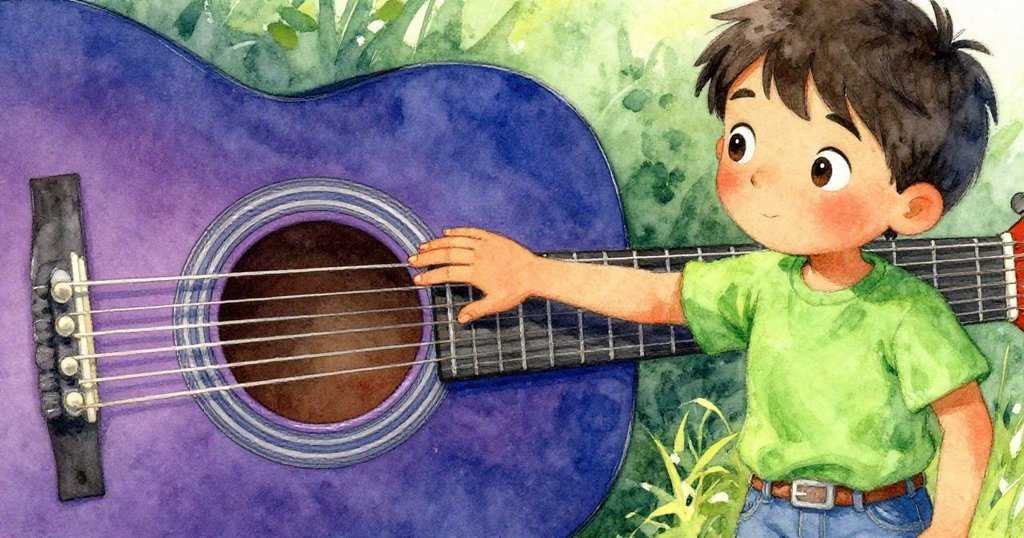 小提姆近距離觸摸閃亮吉他的琴弦，手勢細膩，背景隱約見到舞台，充滿好奇心與發現感。