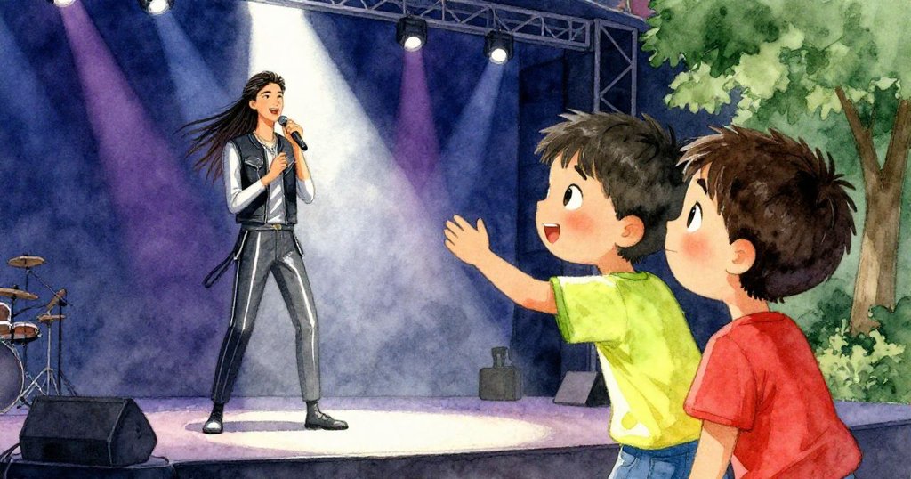 在戶外舞台後，長髮樂手踏入聚光燈下，小提姆側身觀看，暫時遮住唱歌者，場景充滿戲劇性轉折。