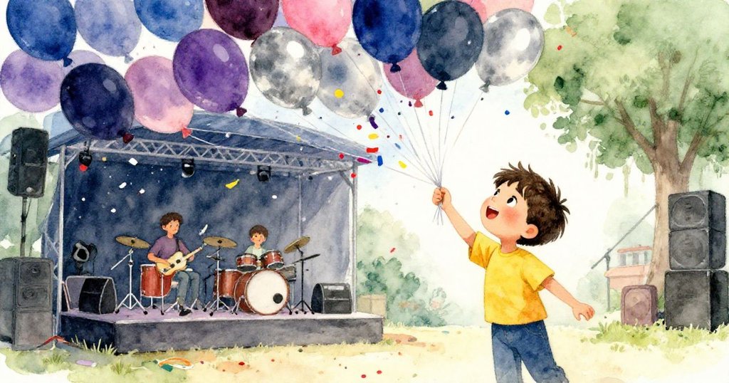 氣球突然爆裂灑下繽紛紙屑，舞台上動感四溢，小提姆抬起下巴注視變化，流露出驚喜與堅定情感。