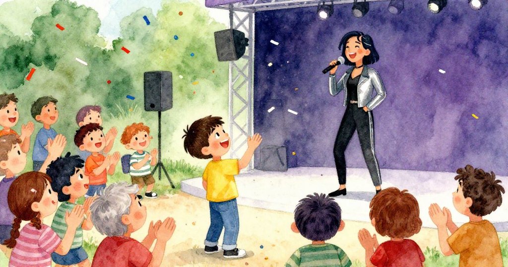 歌手邊笑邊唱，紙屑飄落中群眾熱烈鼓掌，小提姆滿心歡喜融入這快樂團聚的美好時刻。