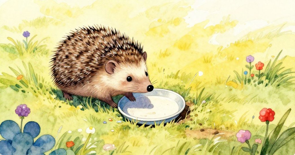 在陽光燦爛的田野中，小刺蝟踏著蜿蜒小徑前進，盤子覆蓋洞口，引發好奇與期待的旅程。