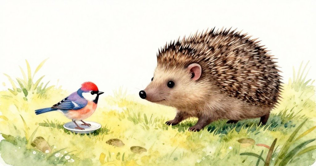 小刺蝟踏著綠草地留下腳印，盤子下傳出小鳥啁啾，展現生機和探索熱情的溫馨場面。