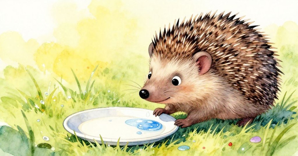 小刺蝟用鼻子輕觸盤子，盤邊映出陽光與水珠，臉上露出好奇與俏皮的表情。