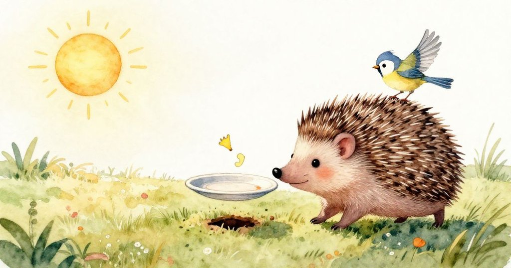 盤子傾斜滾動時，水流激盪濺落於草地，水珠仿若舞動，場景充滿動感與驚奇。