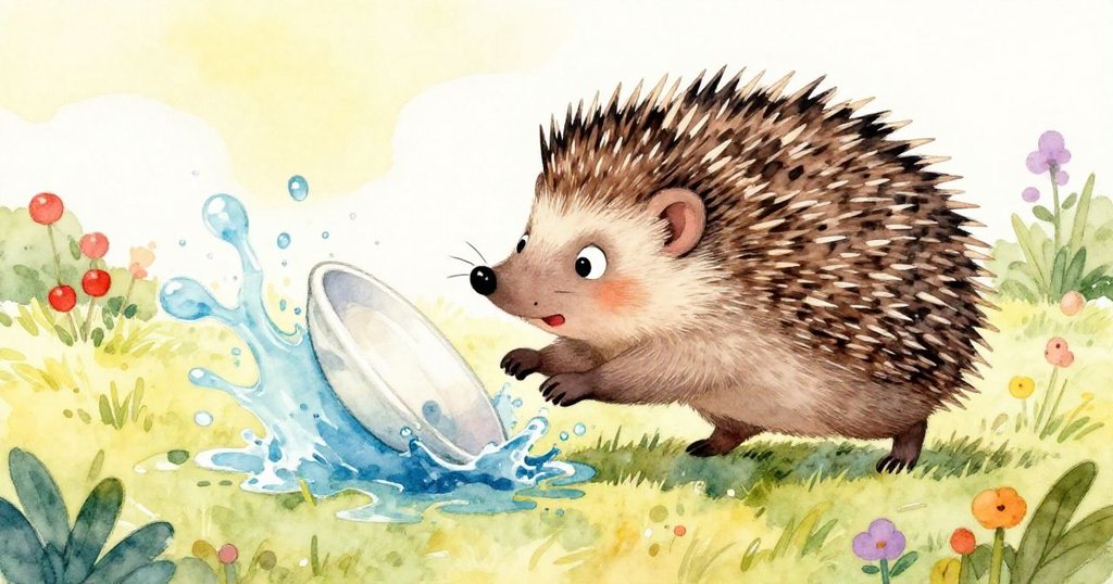 小刺蝟轉側迅速推動盤子，用刺用力推進，伴隨飛濺水花，展現活力與緊張的轉折。