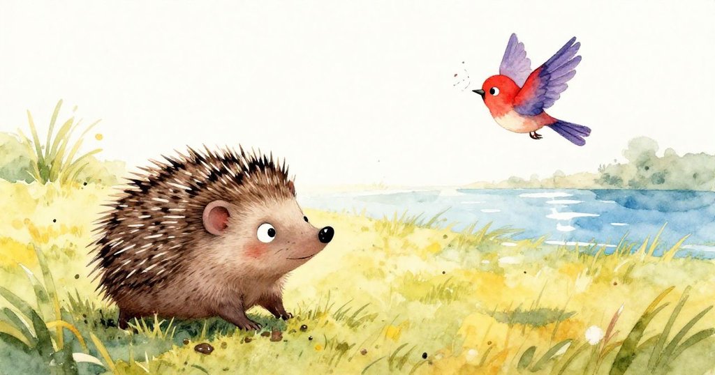 在溫暖日光下，小刺蝟沾滿泥點靜立，天空中小鳥自由飛翔，呈現平靜祥和的田野餘韻。