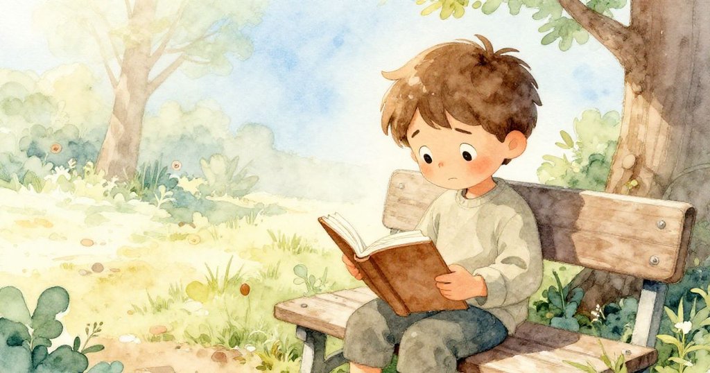 從高處俯瞰,Leo 靜坐閱讀,神情有些困惑,等待著書中文字的變化,呈現出寧靜氛圍。