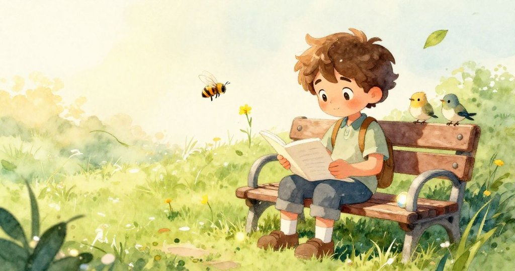 花叢中蜜蜂飛舞、兩隻小鳥在樹上交談、松鼠咀嚼堅果,展現自然界生機勃勃的場景。