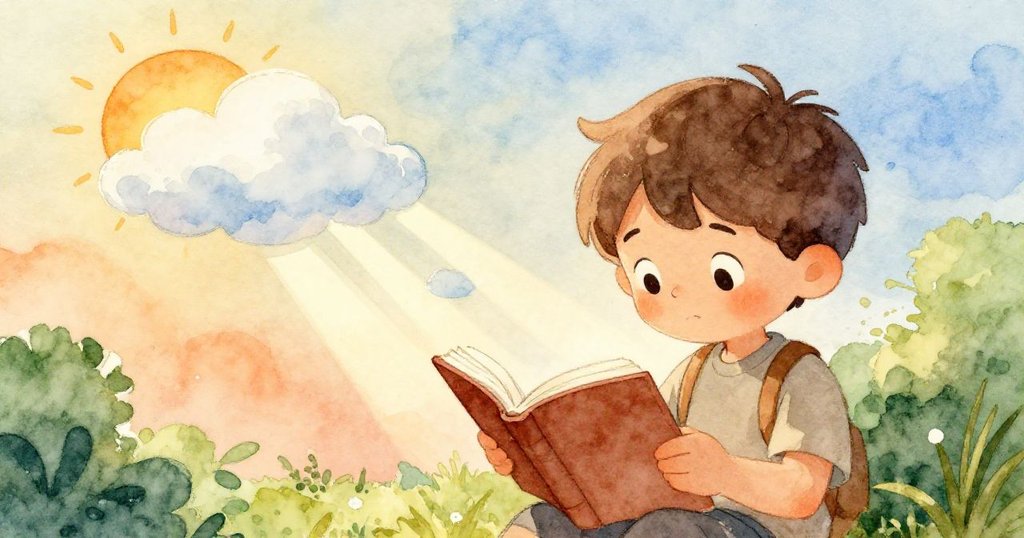 Leo 仔細注視著書本,雲朵掠過陽光,形成柔和陰影,書中文字逐漸變得清晰。
