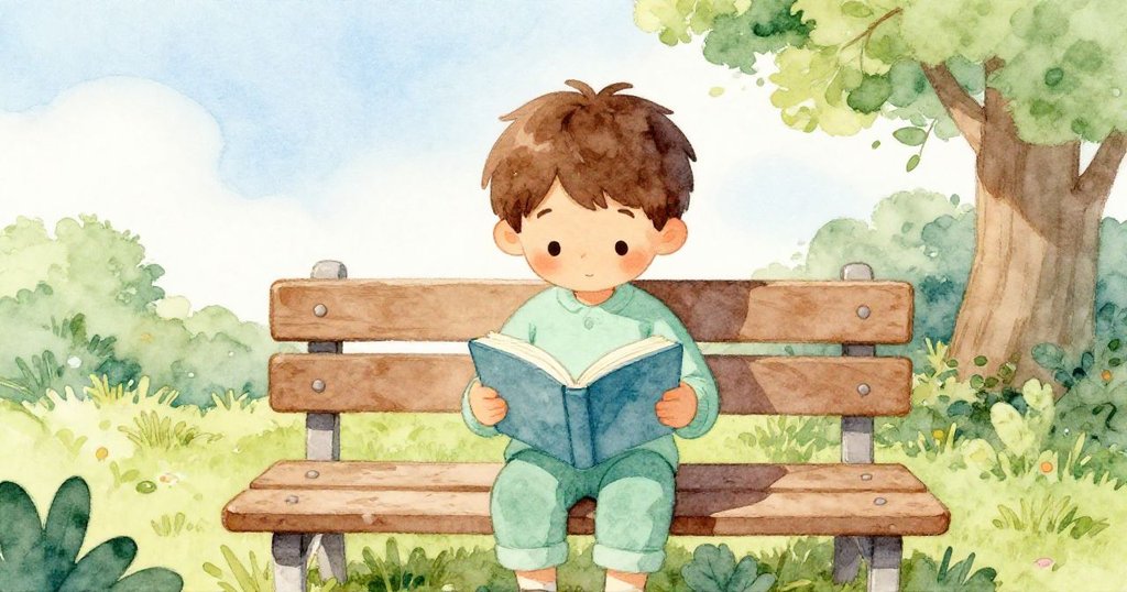 Leo 安靜地閱讀,臉上流露出平和與滿足,長椅上陰影柔和,故事漸入佳境。