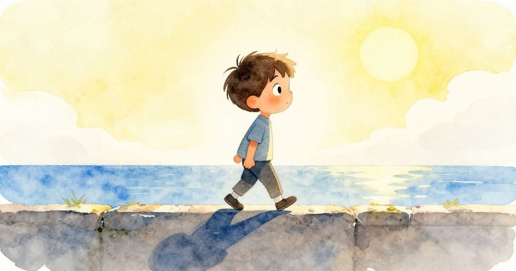 班恩在清晨沿著牆邊散步，他的剪影在明亮的陽光下清晰呈現，背景展現出藍天與溫暖光芒，充滿活力與安靜情緒。