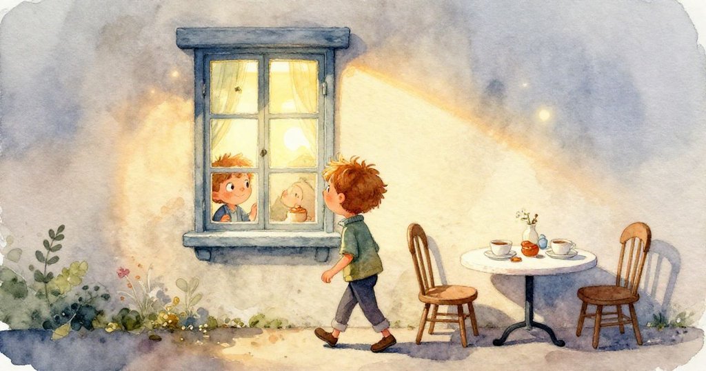 班恩專注地盯著窗外早餐桌的倒影，眼神中充滿驚喜與好奇，細膩的特寫展現出溫柔光線下的真情流露。