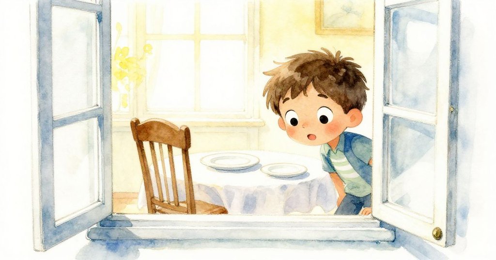 班恩彎腰透過窗戶偷看，窗內擺著沐浴在陽光下的早餐桌與孤單的椅子，明亮溫暖的光線映照出細膩的場景。