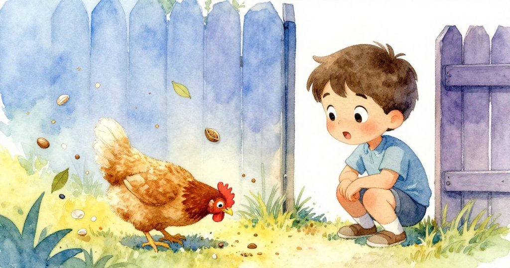 班恩彎腰靠近籬笆縫隙，靜靜觀察著雞兒啄食地上散落的碎屑，隨風飄舞的落葉增添了活潑自然的氣息。