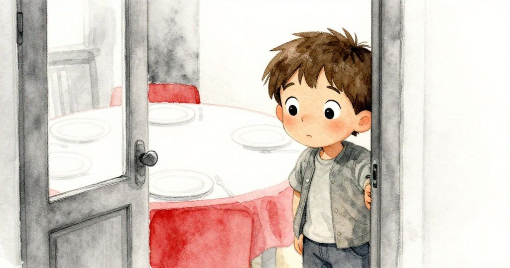 班恩站在敞開的門口前，目光充滿好奇與掙扎，決定向內探索那空蕩的餐桌，內外光影交錯展現出神秘氛圍。