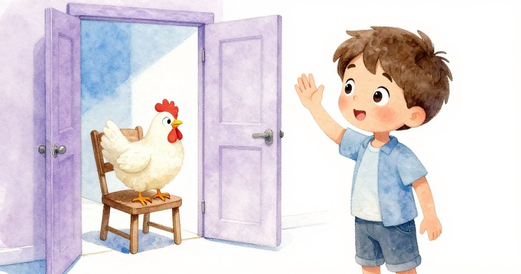 班恩揮手告別，慢慢離去，門內一隻雞穩坐在椅上，窗內空蕩餐桌與散落碎屑共同繪製出溫馨而神秘的餘韻。