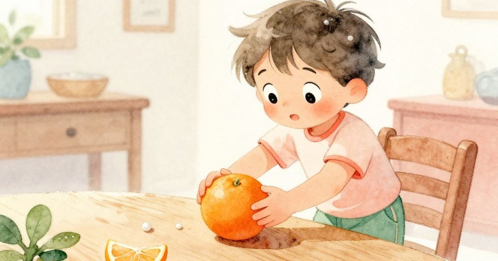 Milo專注地將圓潤的橘子放在桌上，象徵創意的果實映襯溫馨家中背景，呈現故事發展初期。