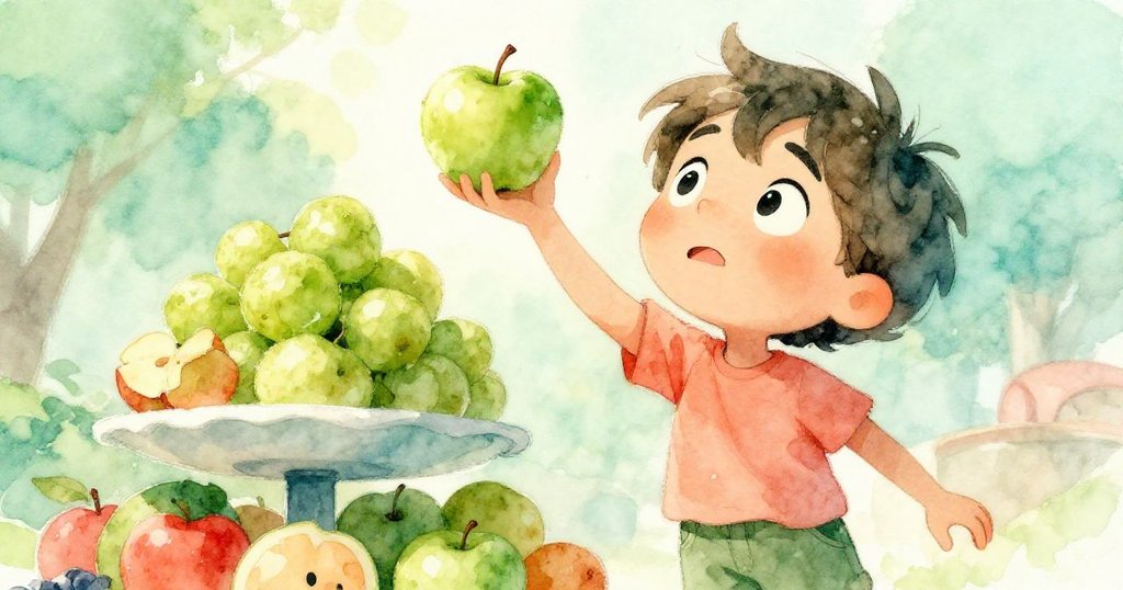 Milo從低角度抬起綠蘋果，蘋果在果塔上搖晃，神情中流露出關切與堅定，呈現局勢發展的關鍵時刻。