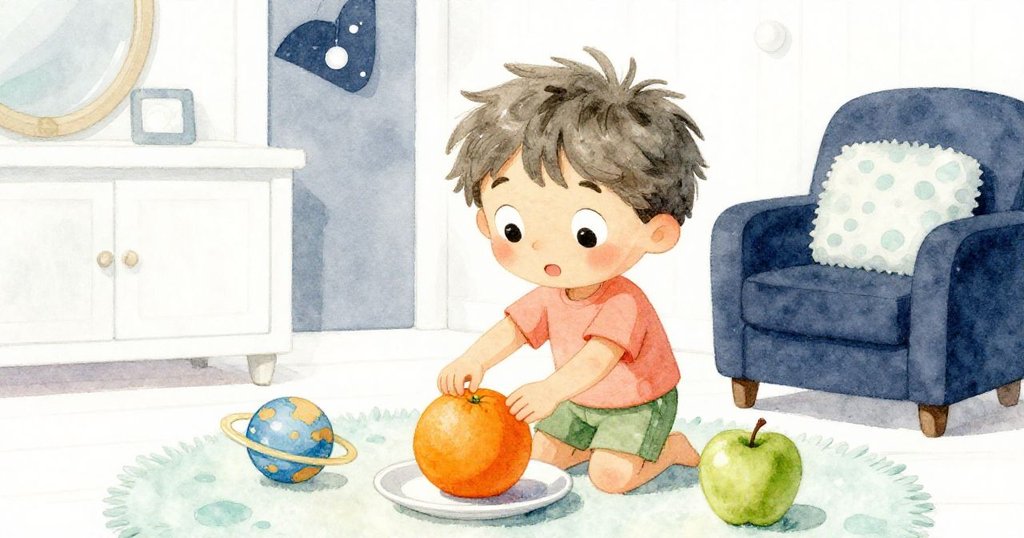 Milo在全新室內空間精心擺放扁平托盤、橘子、塑料行星與蘋果，展現創造力和專注的動作，故事進入發展階段。